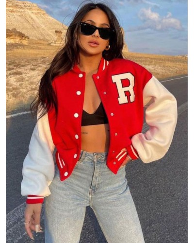 Women Bomber Jacket Two-Tone Back To School Outerwear Varsity Jacket Spring Fall Winter Street Wear Daily Casual Field