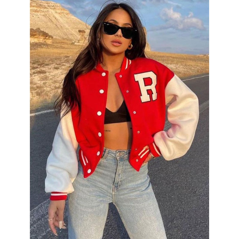 Women Bomber Jacket Two-Tone Back To School Outerwear Varsity Jacket Spring Fall Winter Street Wear Daily Casual Field