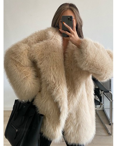 Women Faux Fur Coats Ecru White No Waistline Long Sleeves Coat Faux Fur Coat Fall Winter Street Wear Daily Casual