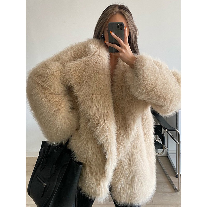 Women Faux Fur Coats Ecru White No Waistline Long Sleeves Coat Faux Fur Coat Fall Winter Street Wear Daily Casual