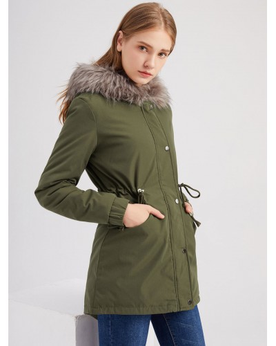 Winter Coats Pink Medium Drawstring Hooded Front Button Long Sleeves Two-Tone Casual Winter Coat Outerwear Quilted Coat