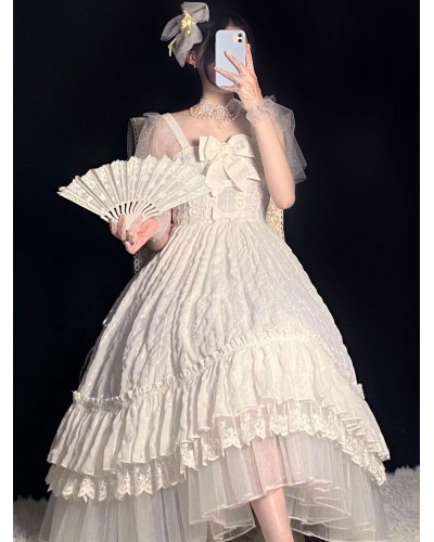 Tea Party Style Lolita JSK Dress White Sleeveless Ruffles Polyester Lolita Wedding Jumper Skirt