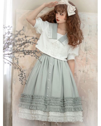 Lolita Outfits Light Green Bows Ruffles Lace Short Sleeves Top Skirt Sweet Academic