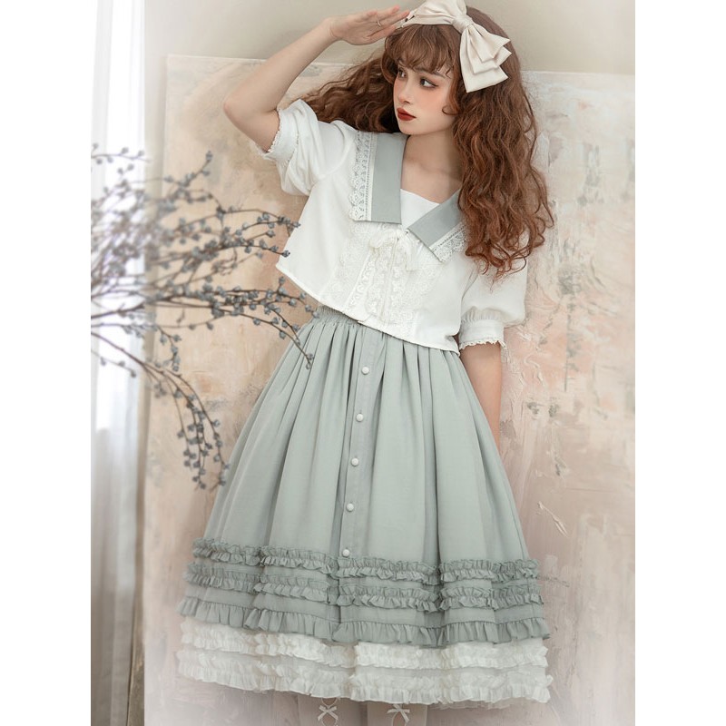 Lolita Outfits Light Green Bows Ruffles Lace Short Sleeves Top Skirt Sweet Academic