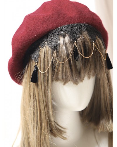 Lolita Hat Burgundy Lace Chains Accessory Lolita Accessories Gothic