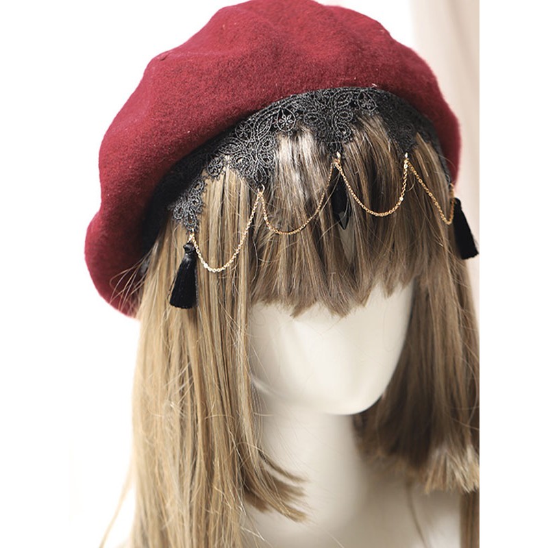 Lolita Hat Burgundy Lace Chains Accessory Lolita Accessories Gothic