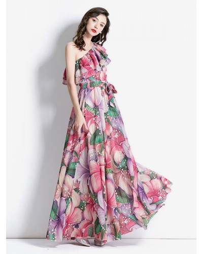 Women One-Shoulder Dress Casual Floral Print Floor Length Dress Maxi Summer