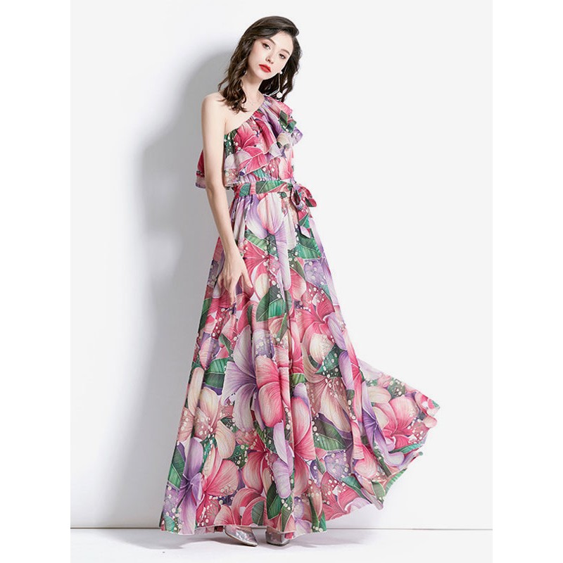 Women One-Shoulder Dress Casual Floral Print Floor Length Dress Maxi Summer