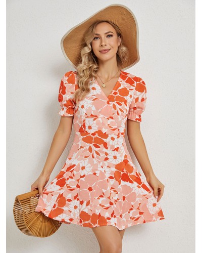 Women Mini Dresses Orange Red V-Neck Floral Print Beach Dress Summer Street Wear Daily Casual Resort Wear