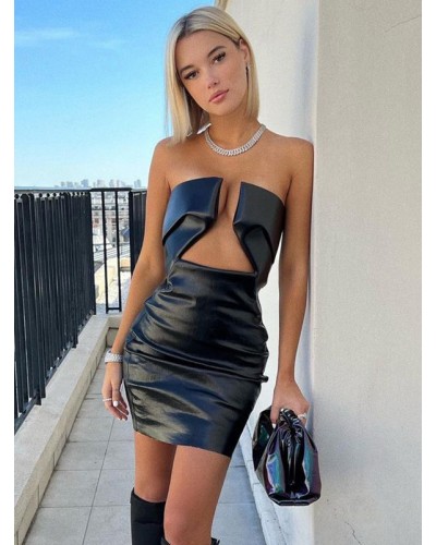 Women Birthday Dress Strapless Cut Out PU Leather Sexy Club Dress Bodycon Night Out Rave Club