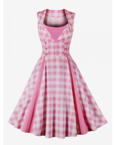 Women Barbie Pink Gingham Vintage Dress 1950s Audrey Hepburn Swing Dress Bodycon Street Wear Daily Casual Dating