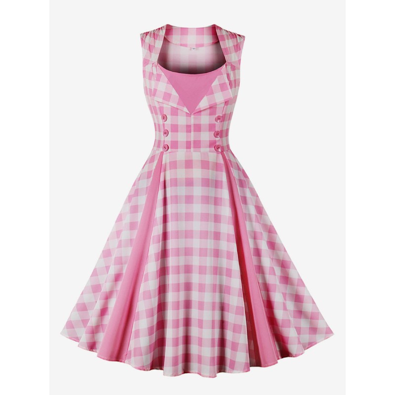 Women Barbie Pink Gingham Vintage Dress 1950s Audrey Hepburn Swing Dress Bodycon Street Wear Daily Casual Dating