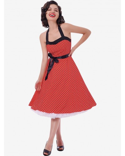 Women Polka Dot Vintage Dresses Halter Bows Backless Cotton Pin Up Dress Retro Summer