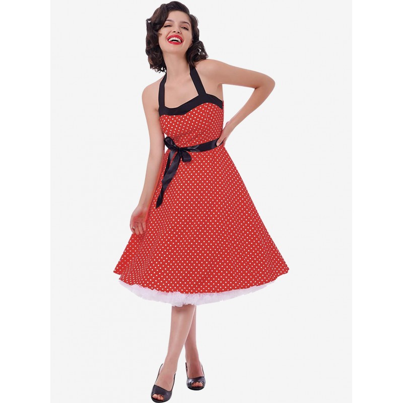 Women Polka Dot Vintage Dresses Halter Bows Backless Cotton Pin Up Dress Retro Summer