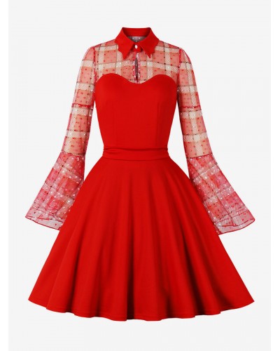 Vintage Dress 1950s Audrey Hepburn Style Red Two-Tone Woman's Long Sleeves Swing Dress Bodycon Retro Fall