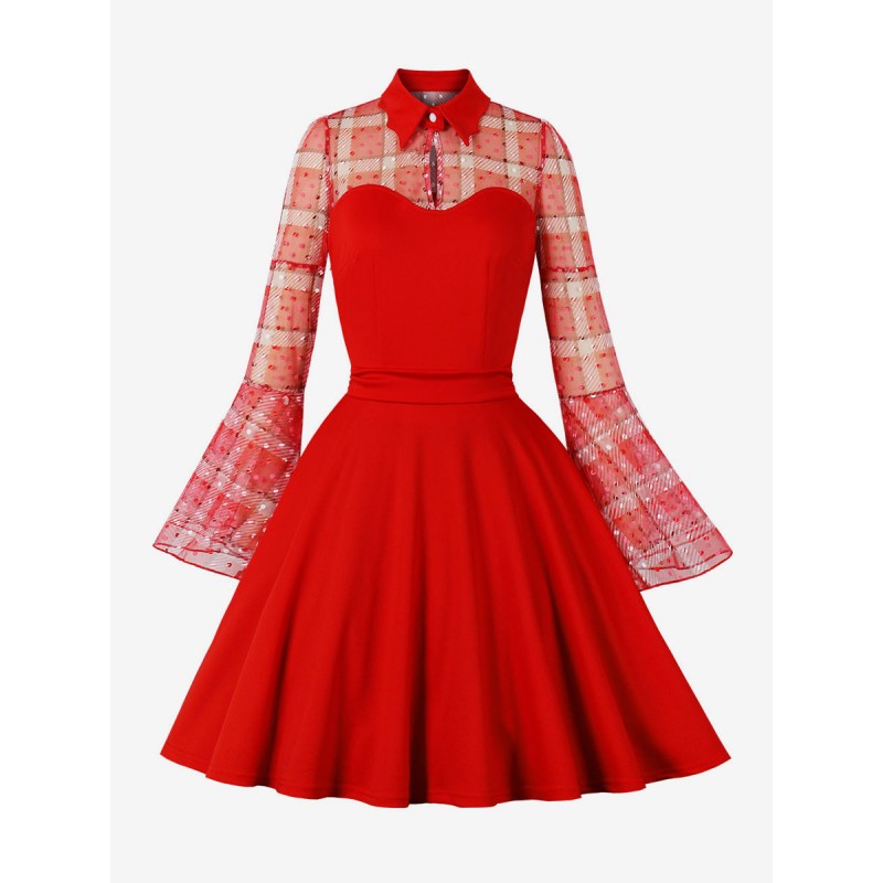 Vintage Dress 1950s Audrey Hepburn Style Red Two-Tone Woman's Long Sleeves Swing Dress Bodycon Retro Fall