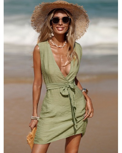 For Women Hunter Green Lace Up V-Neck Sleeveless Summer Sexy Bathing Suits Cover Ups Beach Resort Wear