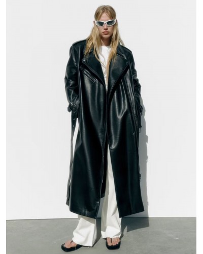 PU Leather Trench Coat Turndown Collar Long Sleeves Oversized Outerwear Trench Coats Spring Fall Winter