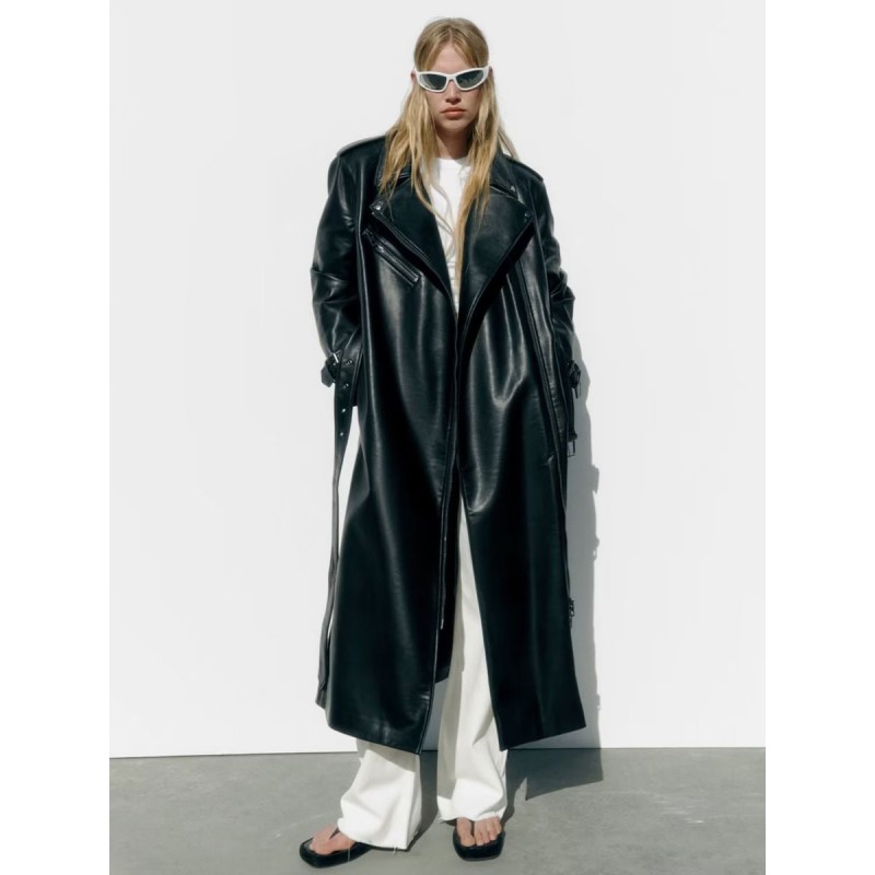 PU Leather Trench Coat Turndown Collar Long Sleeves Oversized Outerwear Trench Coats Spring Fall Winter