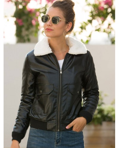 Women Jacket Turndown Collar PU Leather Outerwear Casual