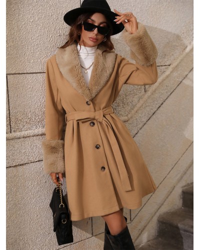 Women Coat Lapel Belted Daily Medium Overcoat Casual Fall Winter Street Wear Daily Casual