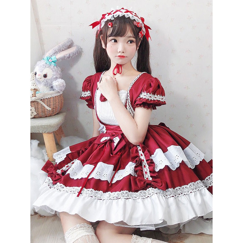 Lolita OP Dress Lace Bows Lolita One Piece Dresses Maid Costume Sweet Spring Summer Fall Daily Casual