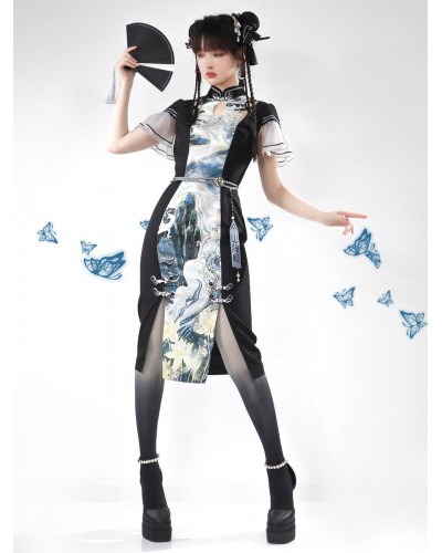 Chinese Style Lolita Dress Lace Up Short Sleeves Polyester Chinese Style Ink Art Black Chinese Style Lolita