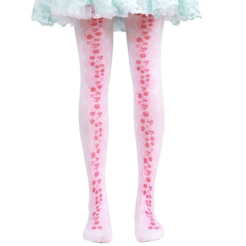 Sweet Lolita Pink Floral Printed Lolita Stocking Socks