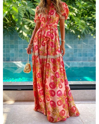 Women Maxi Dresses Red Short Sleeves Floral Printed V-Neck Floor Length Dress Bohemian Summer