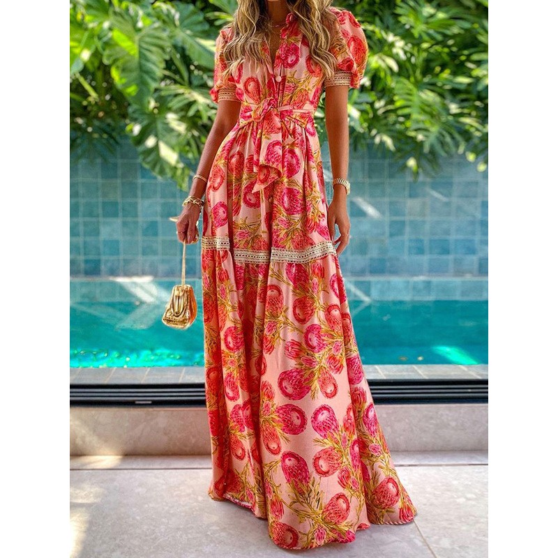 Women Maxi Dresses Red Short Sleeves Floral Printed V-Neck Floor Length Dress Bohemian Summer