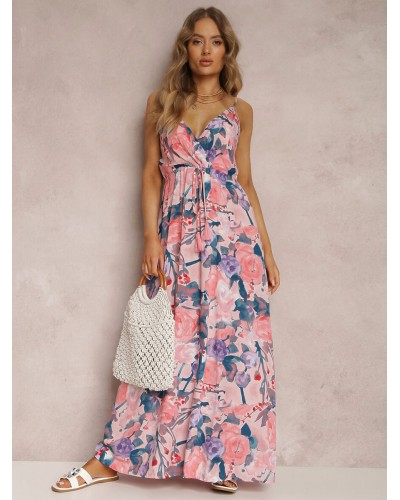 Women Print Dresses Floral Sleeveless V-Neck Bohemian Backless Spaghetti Straps Lace Up Backless Long Dress Maxi Summer