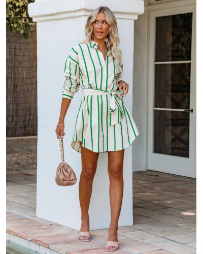 Midi Dress Green Turndown Collar Lace Up Long Sleeves Stripes Dresses Shirt Street Wear Daily Casual