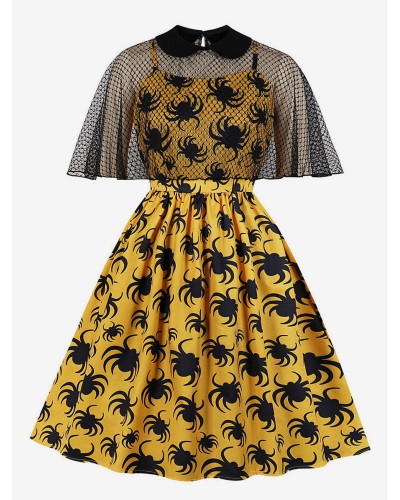 Halloween Dress 1950S Spider Pattern Women Swing Dress With Cape Vintage Retro Summer