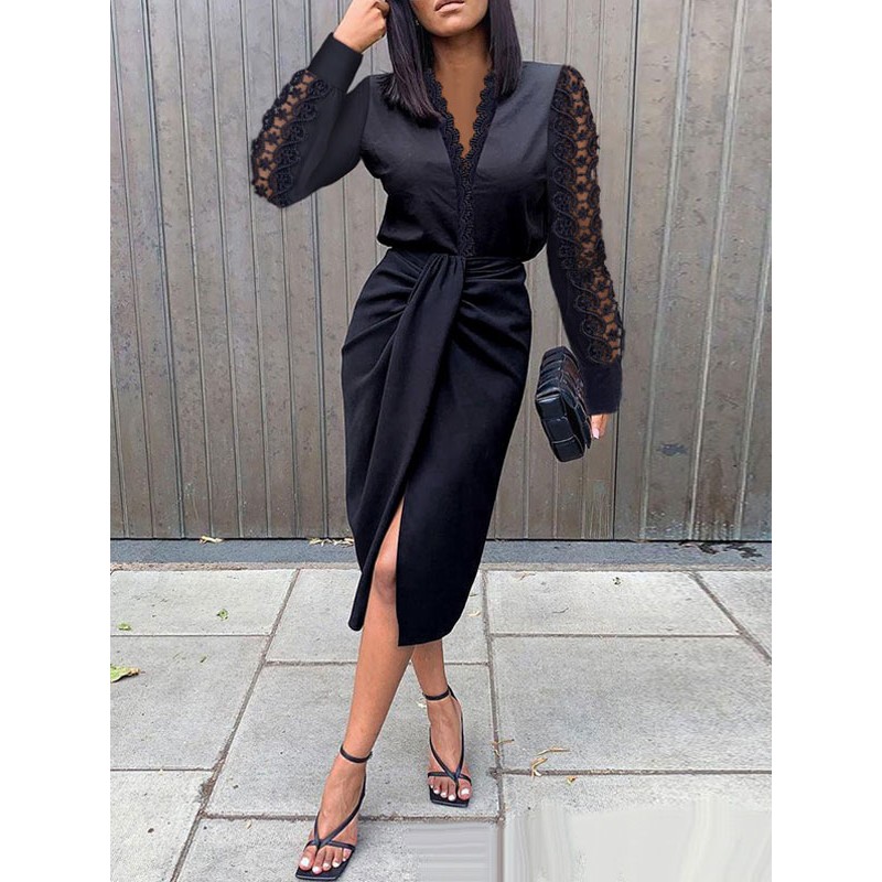 Women Birthday Bodycon Dress Black Long Sleeves Cut Out Casual V-Neck Layered Midi Wrap Dresses Sheath Wrap Dresses Chic  Modern Fall Winter