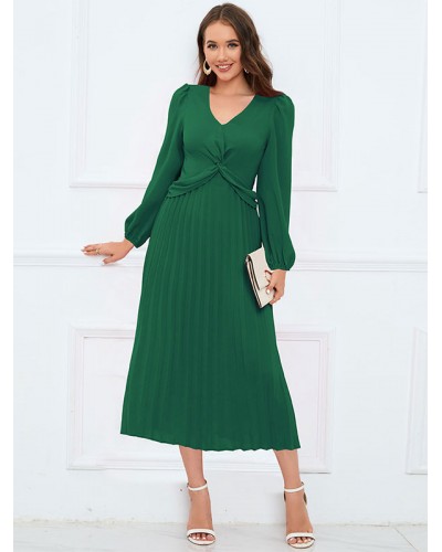 Women Midi Dress Pleated V-Neck Long Sleeves Casual Dresses Bodycon Spring Fall