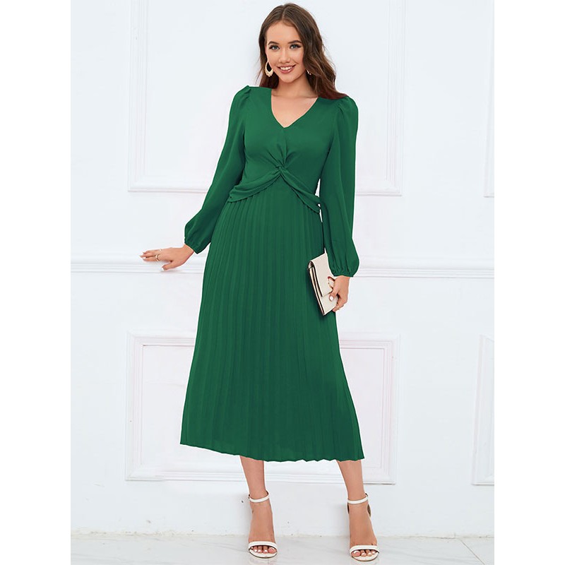 Women Midi Dress Pleated V-Neck Long Sleeves Casual Dresses Bodycon Spring Fall