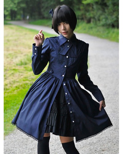 Classic Lolita OP Dress Military Style Pleated Button Decor Lace Up Cotton Lolita One Piece Dress Classic  Traditional Spring Fall Daily Casual Tea Party