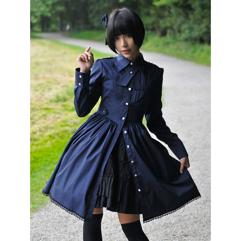 Classic Lolita OP Dress Military Style Pleated Button Decor Lace Up Cotton Lolita One Piece Dress Classic  Traditional Spring Fall Daily Casual Tea Party