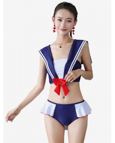 Sweet Lolita Outfits Blue Bow Ruffles Bows Sleeveless Pants Top Swimming Suit Outfit Navy Style