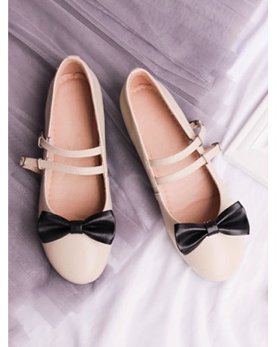 Sweet Lolita Pumps Bow Strappy Two Tone Apricot Lolita Flats Shoes