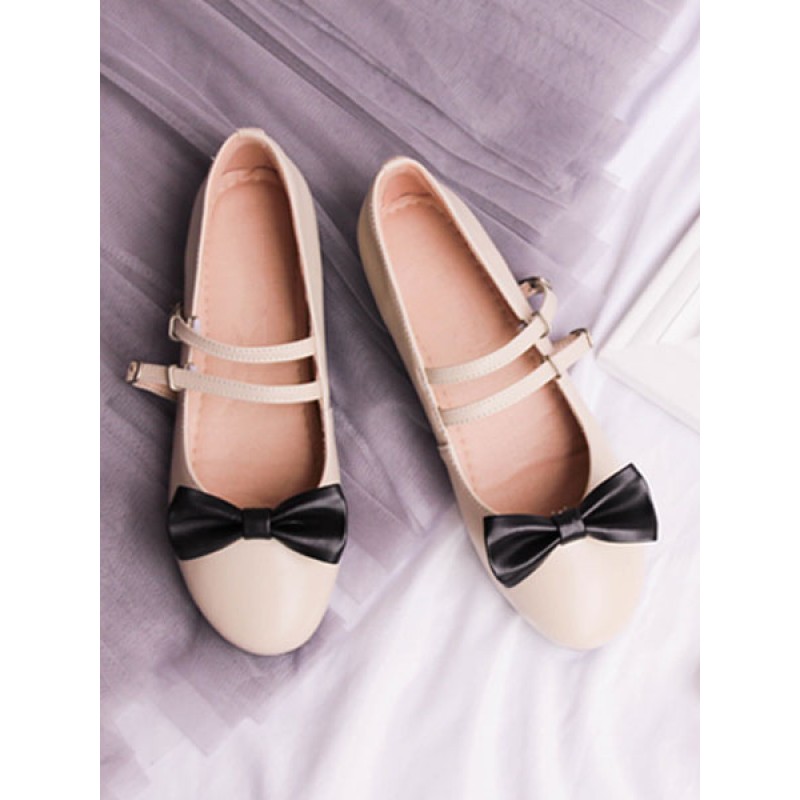 Sweet Lolita Pumps Bow Strappy Two Tone Apricot Lolita Flats Shoes