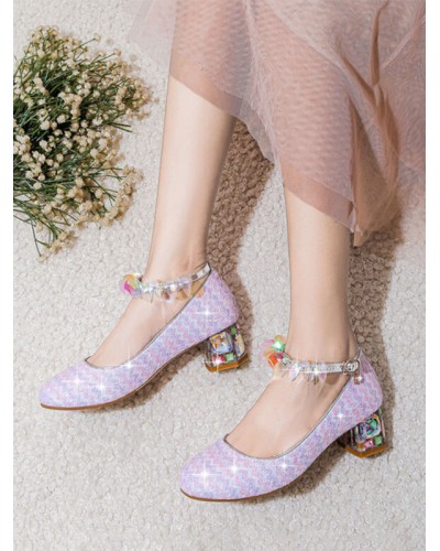 Sweet Lolita Footwear Lavender Sequins Round Toe PU Leather Lolita Pumps Shoes