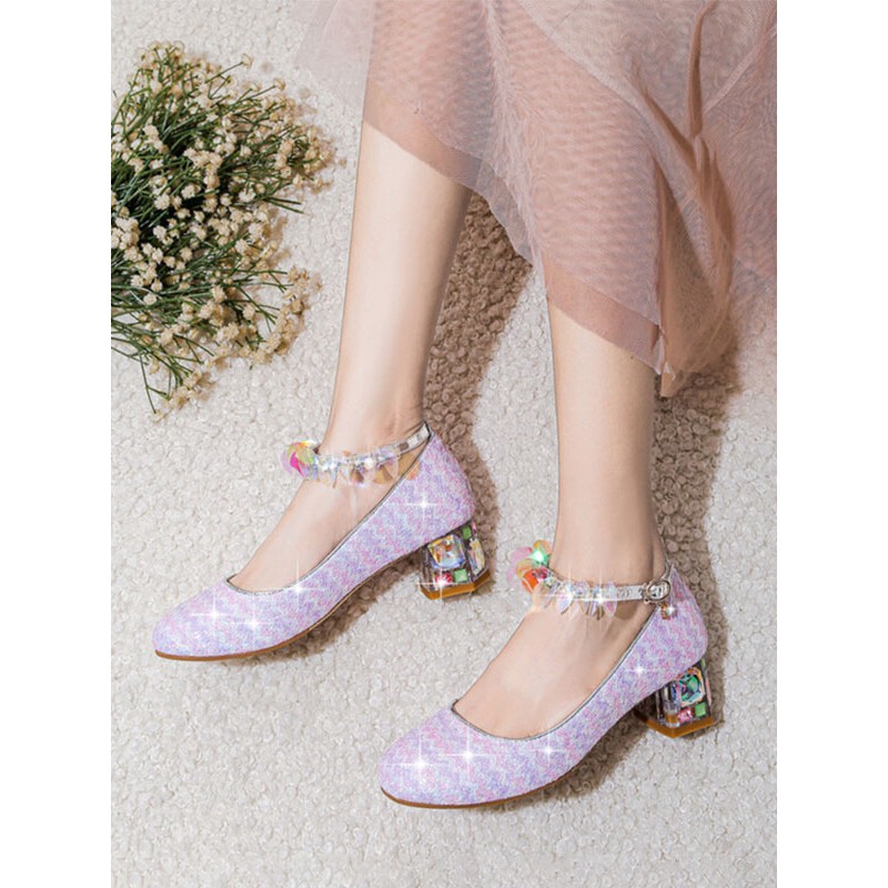 Sweet Lolita Footwear Lavender Sequins Round Toe PU Leather Lolita Pumps Shoes