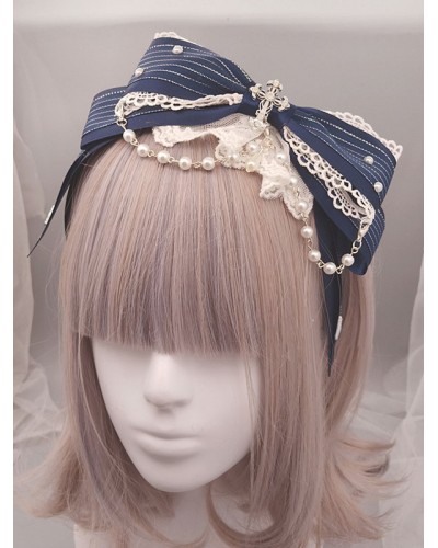 Classic Lolita Headband Metallic Design Lace Pearl Ruffle Bow Lolita Hair Accessory