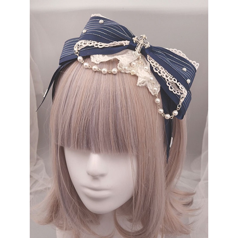 Classic Lolita Headband Metallic Design Lace Pearl Ruffle Bow Lolita Hair Accessory