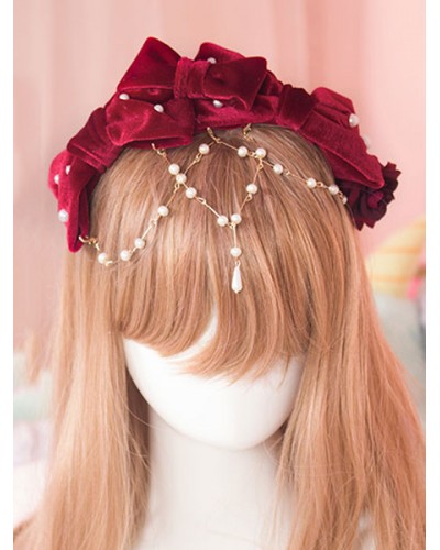 Sweet Lolita Head Band Velvet Knot Bow Pearl Burgundy Lolita Hair Accessory Accessories Daily Casual Tea Party