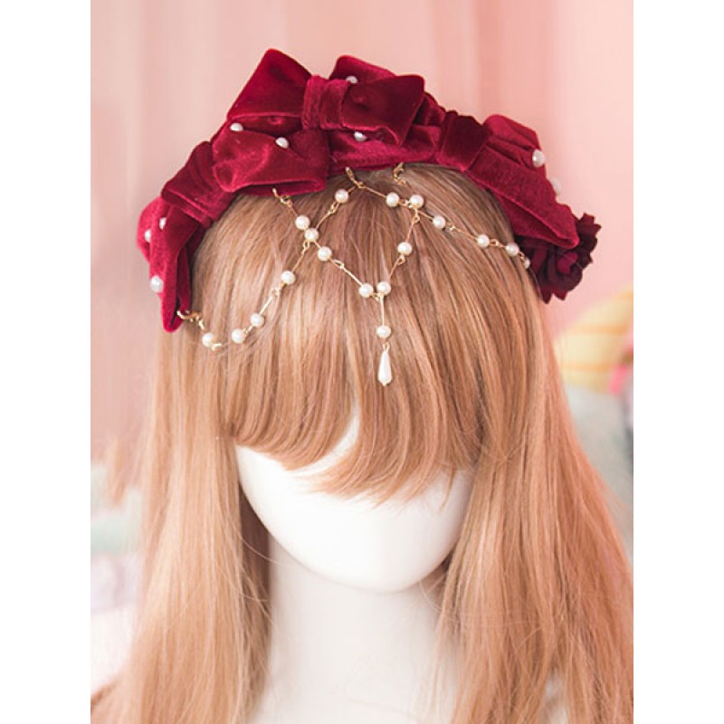 Sweet Lolita Head Band Velvet Knot Bow Pearl Burgundy Lolita Hair Accessory Accessories Daily Casual Tea Party