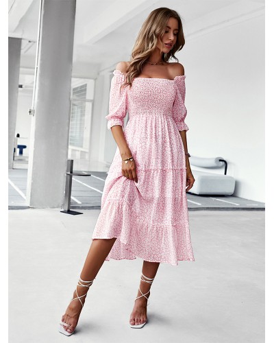 Women Printed Square Neck Short Sleeves Midi Dress Sweet Spring Summer Fall