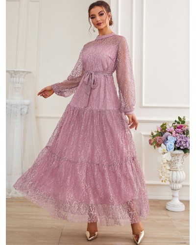 Sheer Casual Jewel Neck Long Sleeves Lace Dresses Sweet Dating