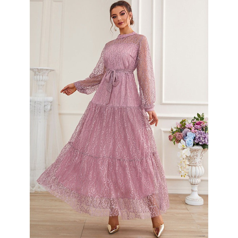 Sheer Casual Jewel Neck Long Sleeves Lace Dresses Sweet Dating